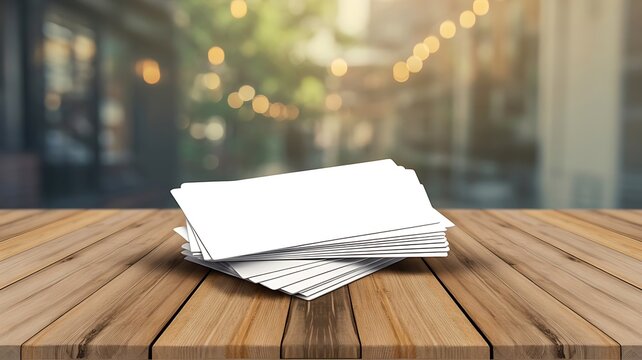 Stack of blank white business cards on a rustic wooden table with a blurred outdoor city street background, and warm bokeh, golden light effects