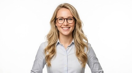 Fototapeta premium Smiling young woman with glasses wearing a grey shirt