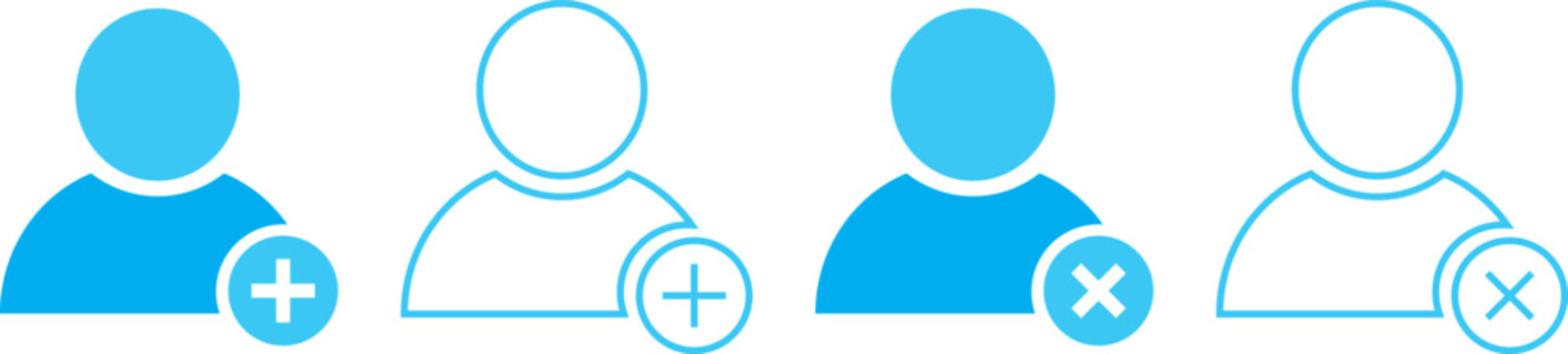 Add user, delete member, and remove account vector badge set. Plus and cross symbol for social friend request management interface. Isolated web graphic elements