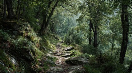 Fototapeta premium Scenic hiking trail winding through a lush, green, sun-dappled forest.