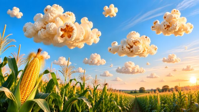 Surreal popcorn clouds floating over corn field, whimsical agricultural landscape at sunset, creative food concept with giant popcorn kernels in blue sky