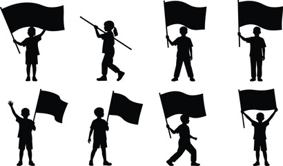 Children Holding Flag Silhouette Collection with School Parade and Celebration Vector Set