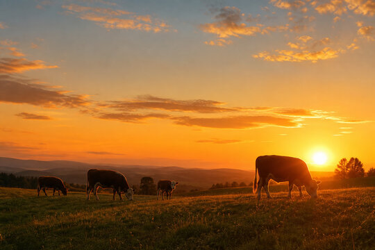 Herd of cows at sunset on hill, pastoral serenity concept