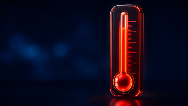 Glowing red neon thermometer showing high temperature on dark background. Concept of global heatwave, server meltdown, and market crisis.