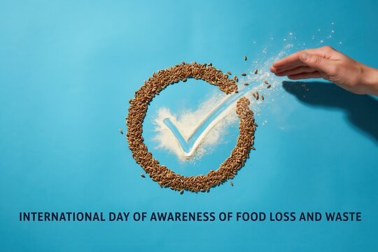 Hand Dropping Grains Forming Circle Checkmark for International Food Loss Waste Awareness Day