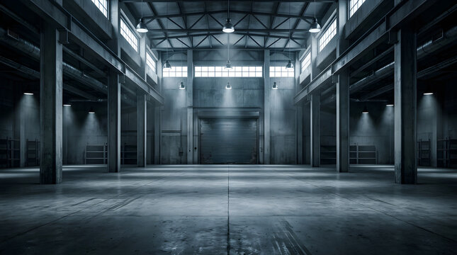 Empty industrial warehouse interior background | Cinematic concrete factory building render | Modern dark workshop storage space | Abandoned garage with overhead lighting
