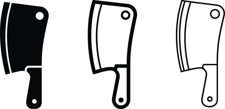 Meat cleaver knife icon set featuring silhouette, bold outline, and line art vector styles for butcher shops, kitchen tools, cooking, and food preparation