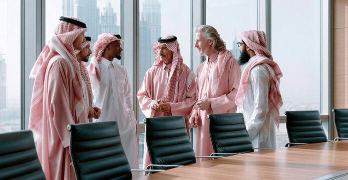 A group of six businessmen in traditional Arab attire having a discussion in a modern conference room with a large window overlooking a cityscape