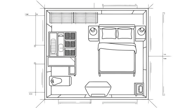 Top-down architectural floor plan of a bedroom with furniture layout