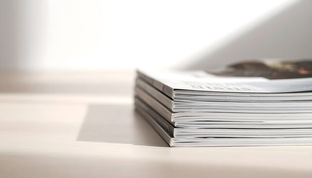 Stack of photography magazines lying on table creating calm editorial atmosphere for subscription advertising copy generative AI