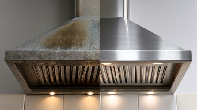 Before and after cleaning a dirty kitchen range hood to a gleaming shine