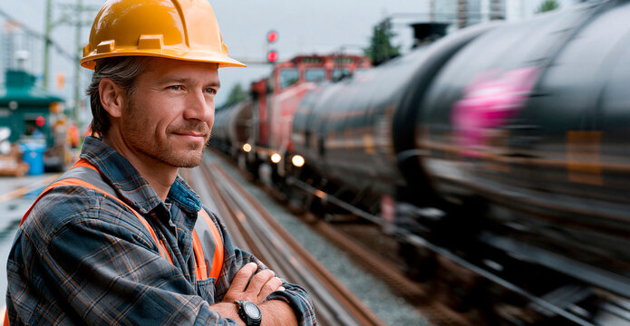 A man in a hard hat and safety vest stands on a railway track, with a train in motion behind him