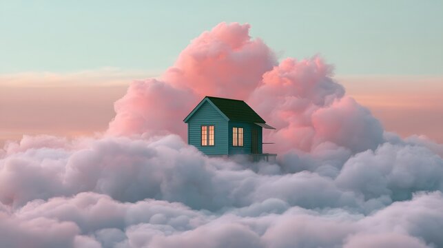 A small blue house perched atop a fluffy pink cloud against a soft pastel sky at sunrise or sunset