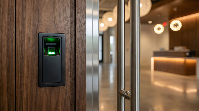 Biometric fingerprint scanner for office access | Secure entry system on wood door panel | High tech corporate security solution | Modern office interior with fingerprint reader