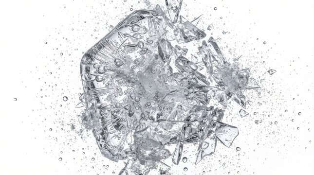 Ice crystals shattering in macro detail. Frozen water shards exploding on white background.