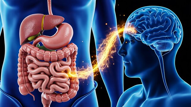 Human gut brain connection concept illustrating digestive system and neurological health