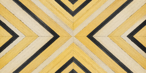 Geometric Harmony: An abstract pattern of yellow, black, and white lines converges symmetrically, creating a visually striking and modern design. © Srk