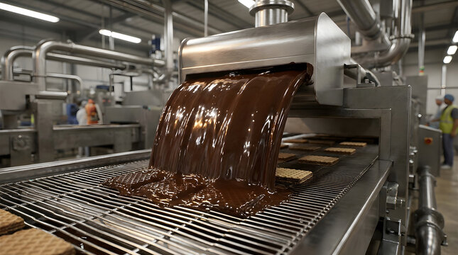 industrial chocolate coating process machine | automated confectionery production line wafers | cinematic food manufacturing factory interior | mass production of chocolate covered biscuits