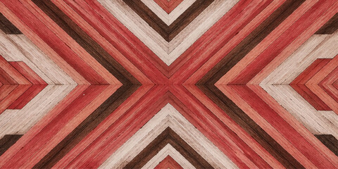Geometric Wood Pattern: An abstract design featuring a symmetrical pattern of colored wood planks arranged in a striking geometric formation, creating a warm and organic texture. © Srk