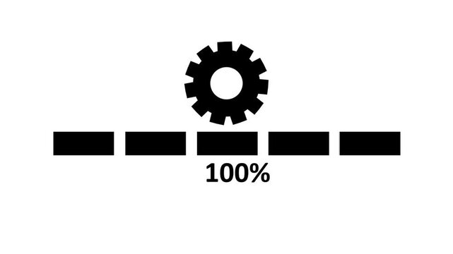 Settings progress indicator with gear icon animation. Updating bar with gear icon animation indicating system operation process. Loading bar animation with settings icon and percentage display.