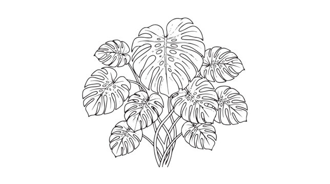 Monstera deliciosa leaf line art illustration, tropical swiss cheese plant botanical drawing, black and white floral vector for coloring book
