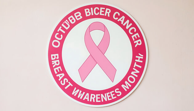 Circular pink sign with awareness ribbon for Breast Cancer Awareness Month on a soft plain background
