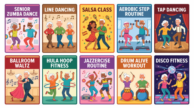 vector illustration set showcasing active senior characters participating in various dance, music, and fitness activities such as zumba, line dancing, salsa, step aerobics, tap dancing, waltz
