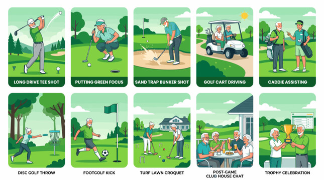 A collection of flat vector illustrations depicting senior characters enjoying golf, disc golf, footgolf, croquet, riding a golf cart, and celebrating with a trophy in a green outdoor setting.