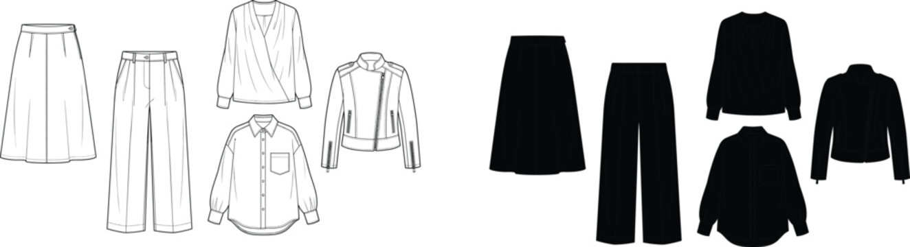 Set of womens clothing apparel outlines and solid black silhouettes vector illustration