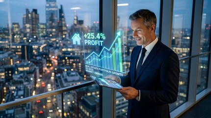 Fototapeta premium Business Executive Analyzing Digital Profit Growth Data Against City Skyline