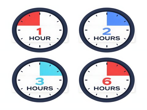 Set of four clock icons representing one, two, three and six hour time duration intervals.