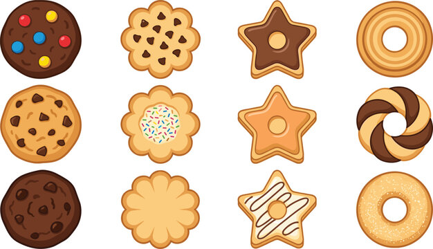 Delicious chocolate chip cookies and sweet biscuit collection in various shapes vector illustration set