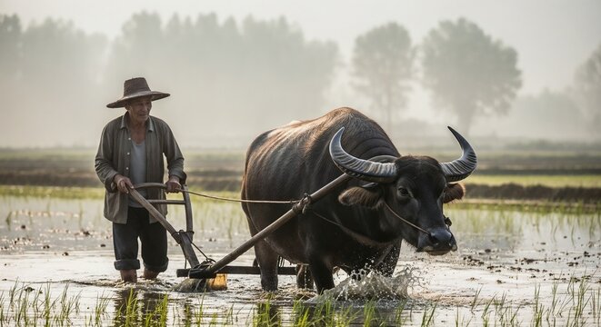 Farmer plowing rice field with water buffalo in early morning mist. Farmer guides water buffalo across flooded paddies, showcasing traditional agricultural techniques in rural farming.