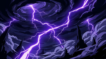 Obraz premium Anime style purple lightning storm. Dark clouds with electric bolts in a fantasy sky.