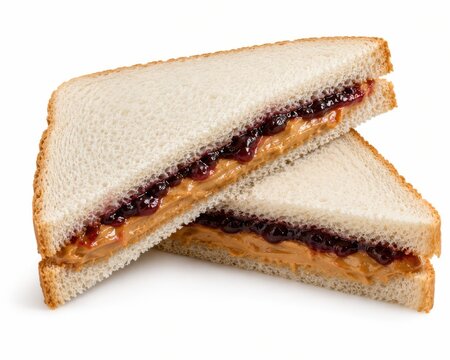Classic peanut butter and jelly sandwich cut diagonally. Homemade lunch snack with creamy filling on white bread slices.