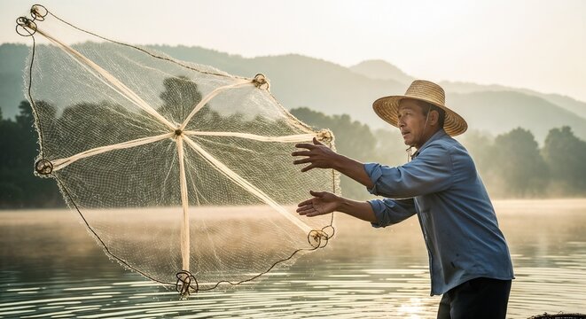 Fisherman casting fishing net across tranquil river at sunrise. Fisherman skillfully throws net into calm water while morning mist rises from riverbank.