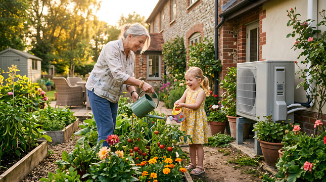 Grandmother and grandchild watering a garden near a heat pump during golden hour glow generative AI