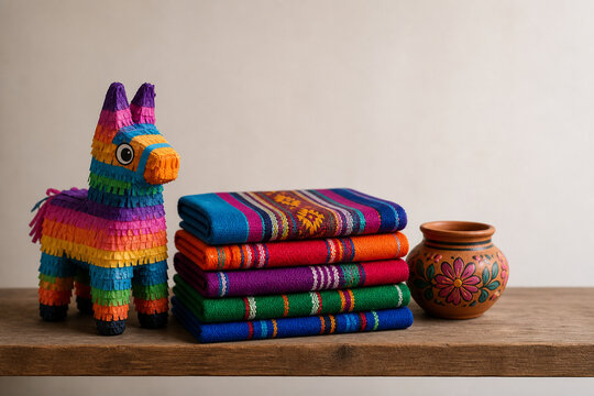 Handcrafted miniature pi&ntilde;ata with folded textiles and clay pot, Mexican folk art and cultural craft concept