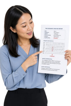 Asian Woman Pointing at DNA Sequence Analysis Report for BRCA1 Gene Isolated