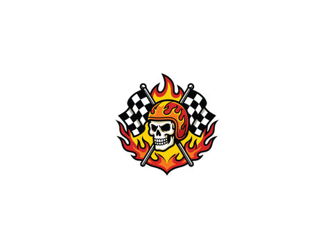 Powerful Skull With A Flaming Helmet Flanked By Checkered Racing Flags And Engulfed In Flames For A Hot Rod Aesthetic Vector Illustration