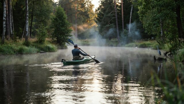 Man riding jet ski through misty forest river at golden hour with serene nature backdrop