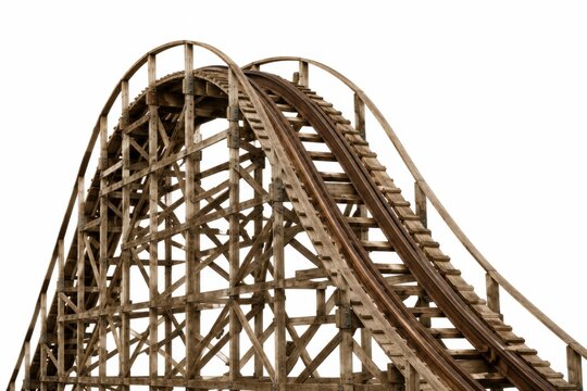 Thrilling roller coaster loop at amusement park ride. High-speed steel track curving against cloudy sky backdrop.