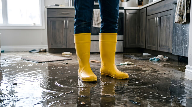 flooded kitchen home disaster | water damage restoration service | person wearing yellow rain boots in flood | indoor residential flooding emergency