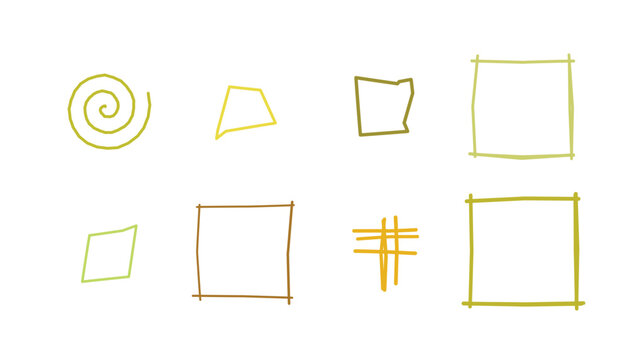 A collection of hand drawn geometric shapes and patterns in yellow ink