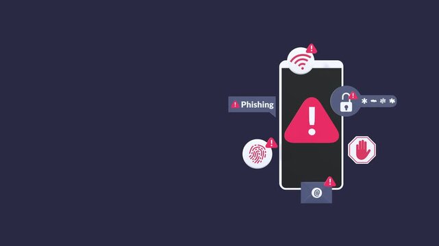 Phishing scam alert animation with copy space, illustrating cyber threats, online fraud, and data security risks. Suitable for cybersecurity awareness, digital protection, and technology content.