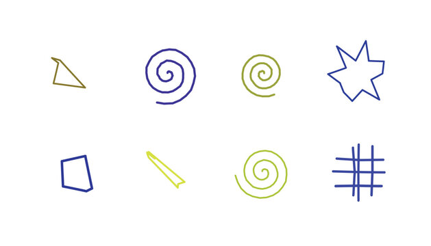 A collection of hand drawn geometric shapes and swirls in blue and yellow