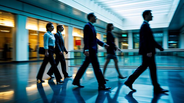 Business professionals walking through modern office building with corporate teamwork