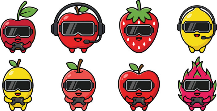 Cute cartoon fruit gamer characters wearing virtual reality headsets and holding gaming controller devices