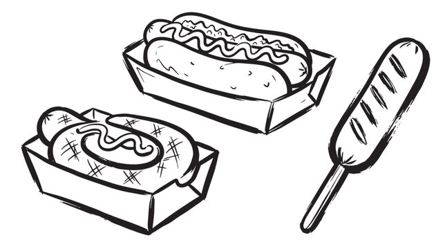 Brush stroke doodle style hand drawn hot dogs in paper trays and a corn dog on a stick, black and white ink style, isolated on a white background, for fast