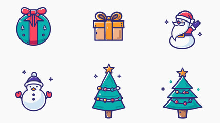 Naklejka premium Set Of Festive Holiday Icons With Wrapped Gifts Red-Hatted Bearded Character Snowman And Christmas